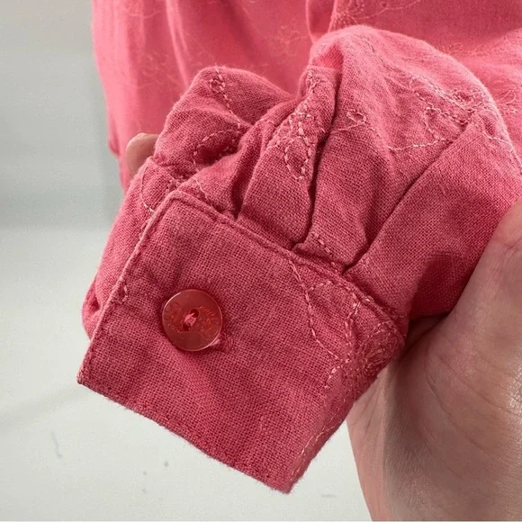 Napa Valley top L pink coral 55% linen floral button down coastal 90s vintage